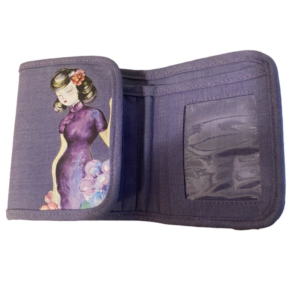 Japanese Trifold Linen Wallet Appliqué Geisha Girl Vintage